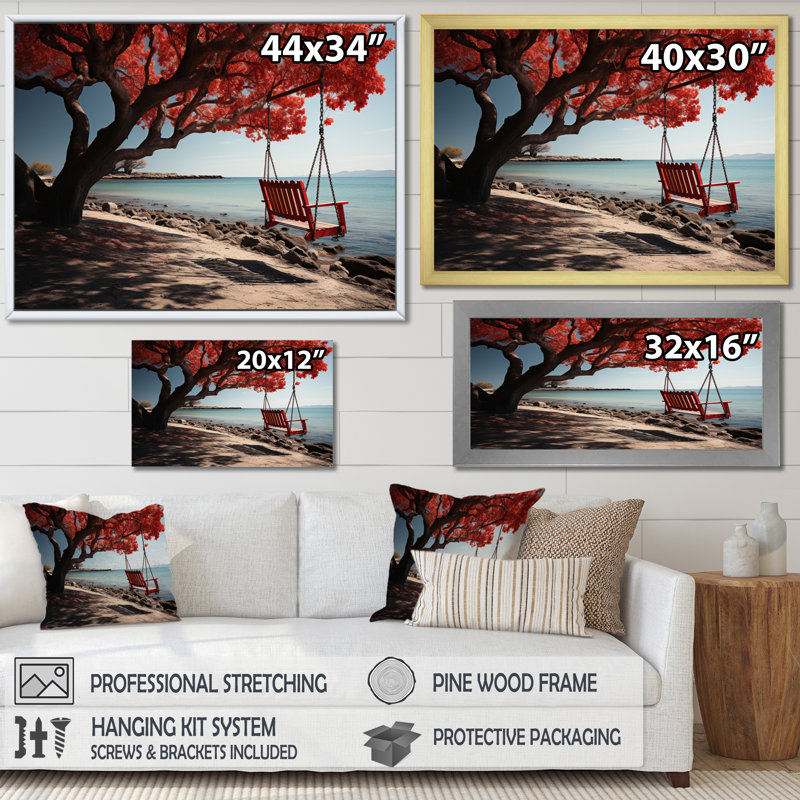 «Coastal Seaside Swing I», reproduction d'art sur toile, H 16 po x l 32 po x P 1 po, Encadrement doré