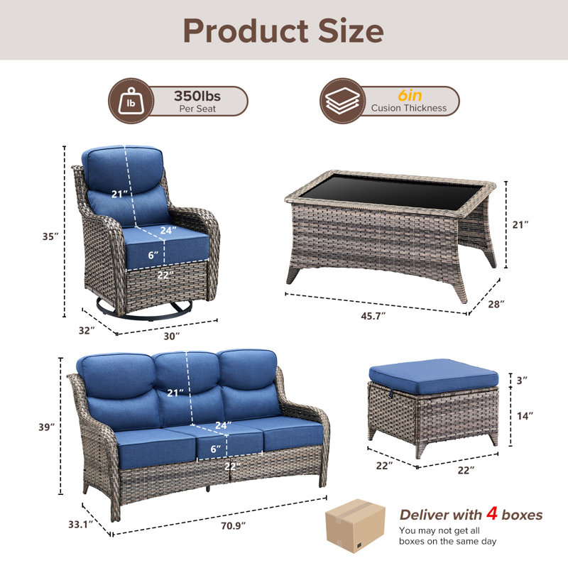 7 - Person Luxury Wicker Patio Furniture Set With Coffee Table & 6-Inch Extra-Thick Cushion Swivel Chairs, Gray, Blue