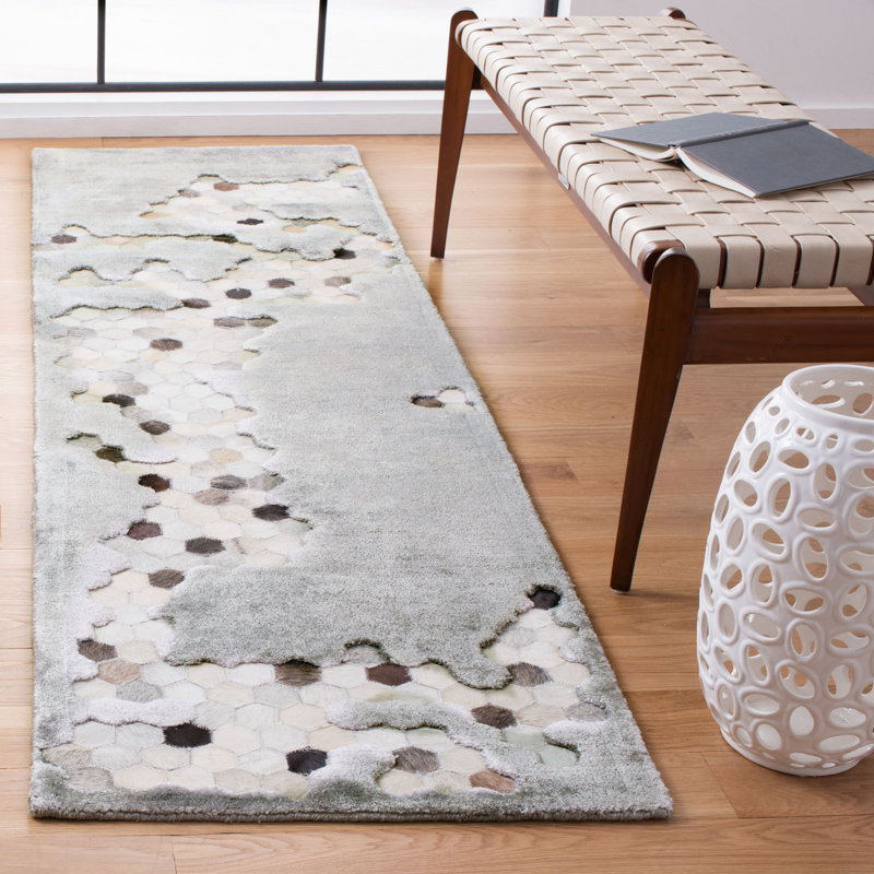 Tapis gris en viscose / cuir / coton touffeté à la main Jarrell, Tapis de couloir 2 pi 3 po x 8 pi