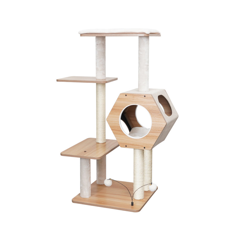 44" Beige Wooden Cat Tree with Condo and Sisal Scratching Posts