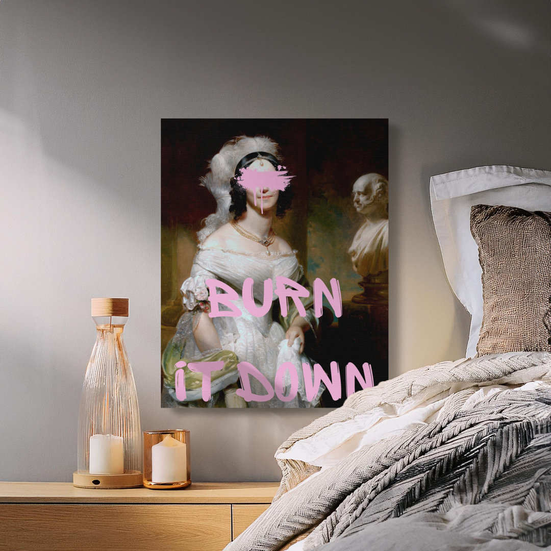 Burn It Down Pink Paint Feminist Canvas Print, Edgy Classical Portrait Wall Art, Rebellious Dark Academia Decor