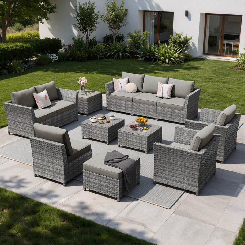 Ensemble de conversation d'extérieur pour 8 personnes avec coussins et table de foyer d'extérieur Briela, Non, Gris