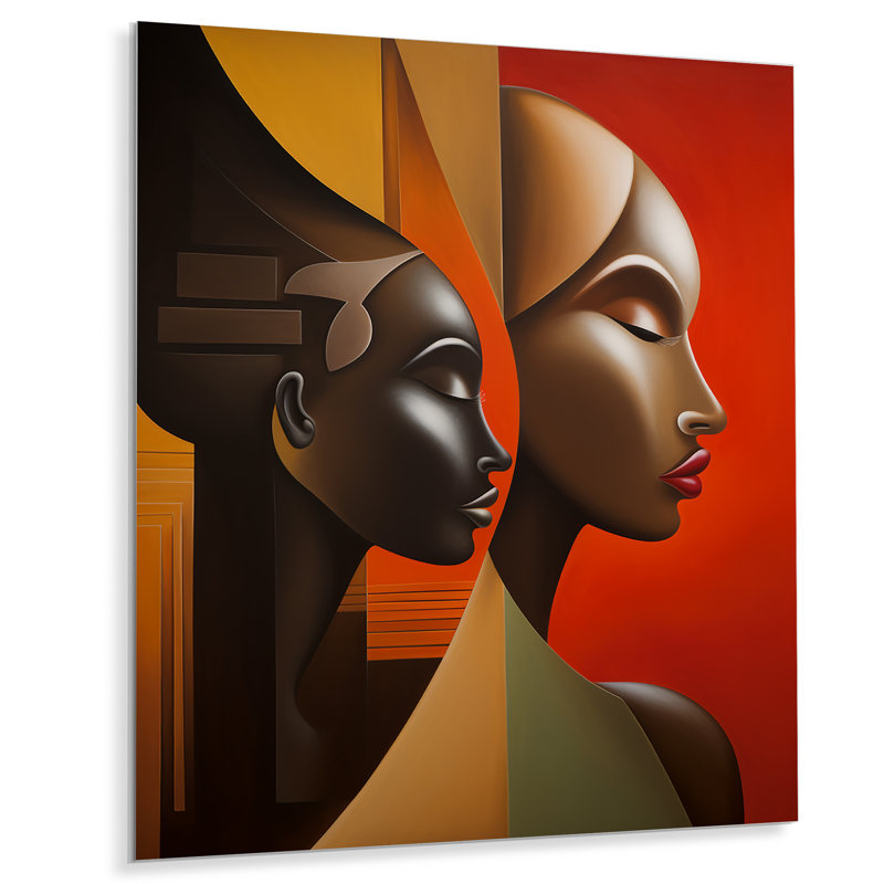 «Retro Minimal Double Ebony Profile III - Masque africain», reproduction d'art, H 32 po x l 16 po x P 1 po, Métal métal