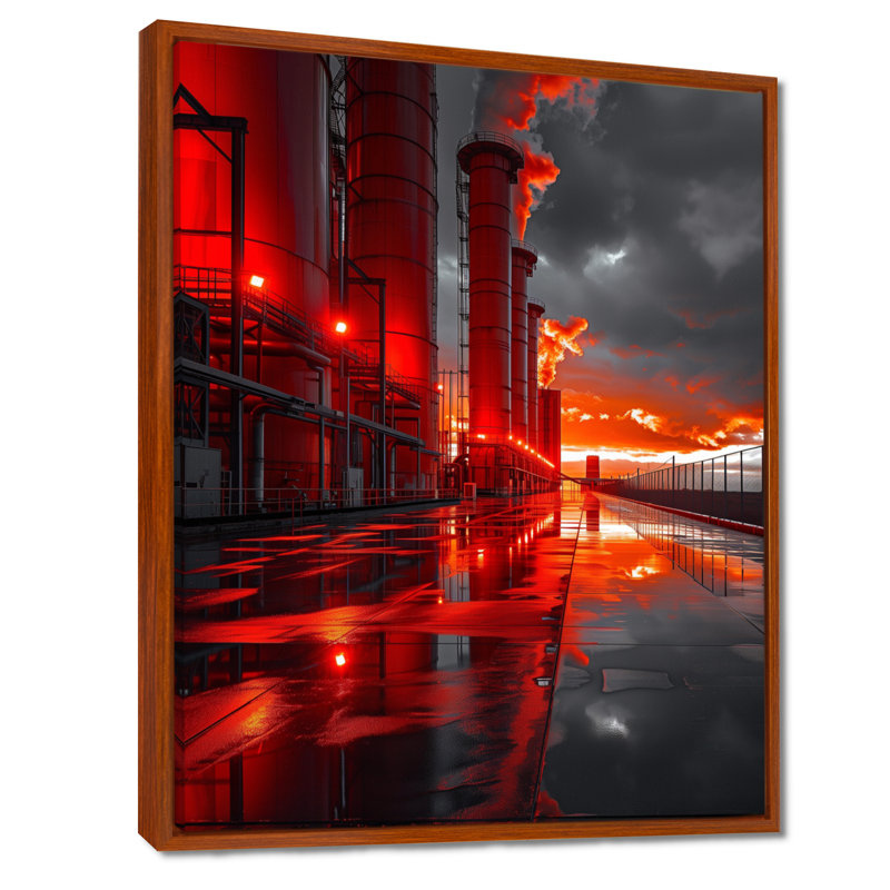 Monochromes rouges et gris Power Surge Power Plant II - centrales électriques, impression d'art mural, Cadre flottant brun