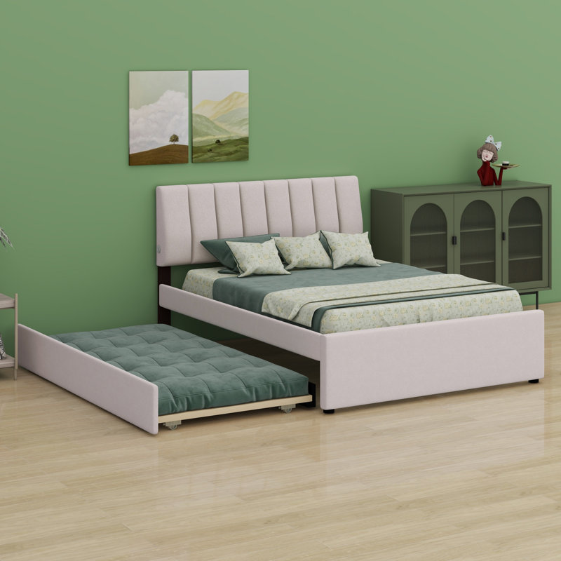 Lit plateforme tapissier avec lit gigogne, Beige