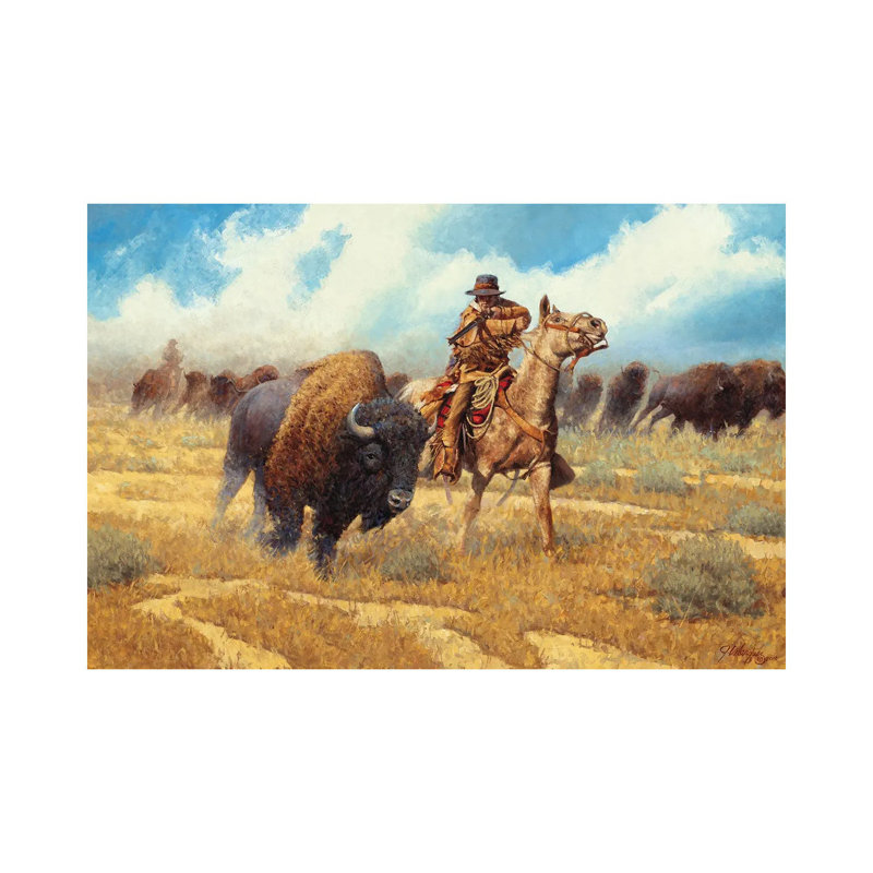 «Buffalo Hunter» par Joe Velazquez - peinture sur toile tendue, H 26 po x l 40 po x 1,5 po