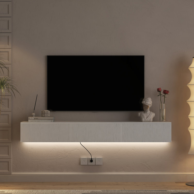 Sleek Wall-Mounted Floating TV Stand With 16-Color LED Lights And Ample Storage, White, 9.17"H x 68.8"L x 11.8"W