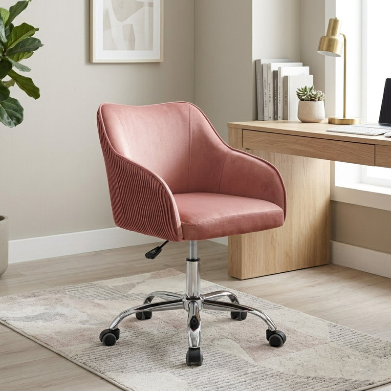 Kinzie Epinine Velvet Upholstered Swivel & Adjustable-Height Task Chair with Chrome Metal Base, Navy Blue