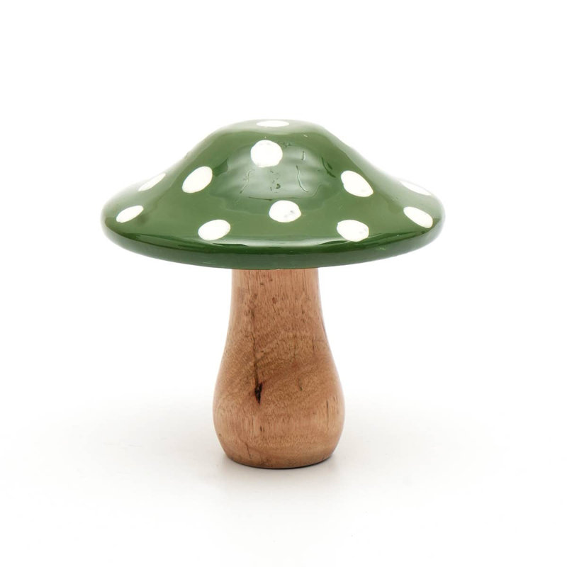 Petit champignon de table en bois | Décoration festive verte et blanche - 3,5 x 3,5 x 4,5 po
