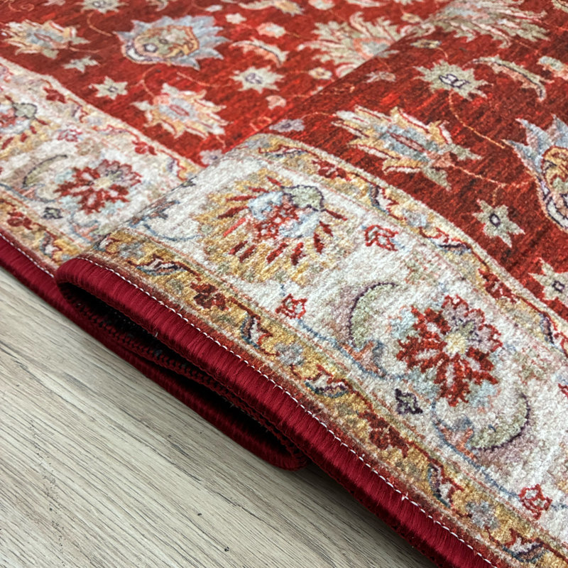 Custom Size Anti-Slip Veronica Red Design Low Profile Cotton Runner Rug by Feet, Rectangle 3' x 6'