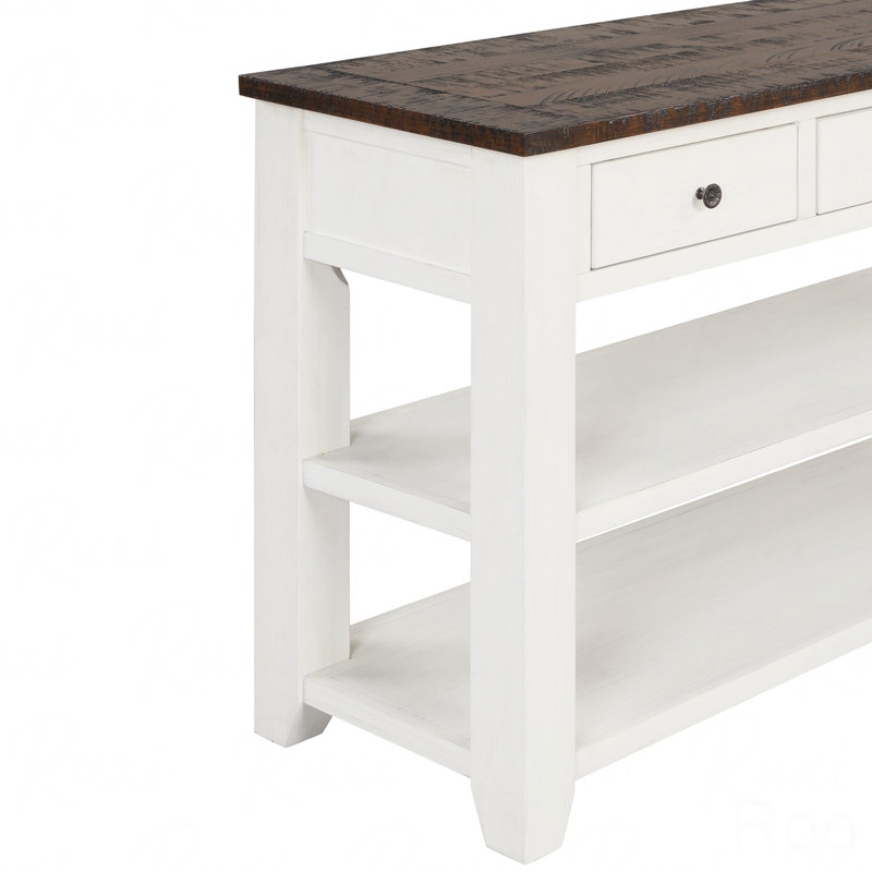 48" Solid Pine Wood Top Console Table, Modern Entryway Sofa Side Table With 3-Storage Drawer And 2 Shelves, White