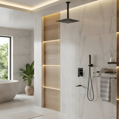 12 Inch Ceiling Mount Square Shower System  with Waterfall Tub Spout and Hand Shower