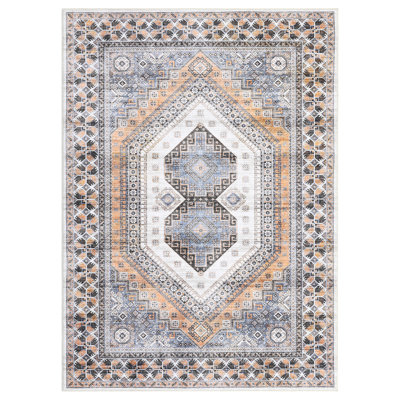 Machine Washable Rug Low Pile Rug Bohemian Tribal Bedroom Rug Stain Resistant Ultra-Thin Non-Slip Distressed Carpet for Living Room