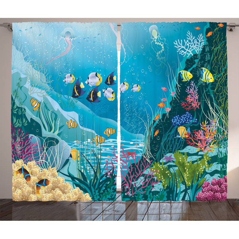 Underwater Landscape Graphic Print Semi-Sheer Rod Pocket Curtain Panels, 54" W x 84" L
