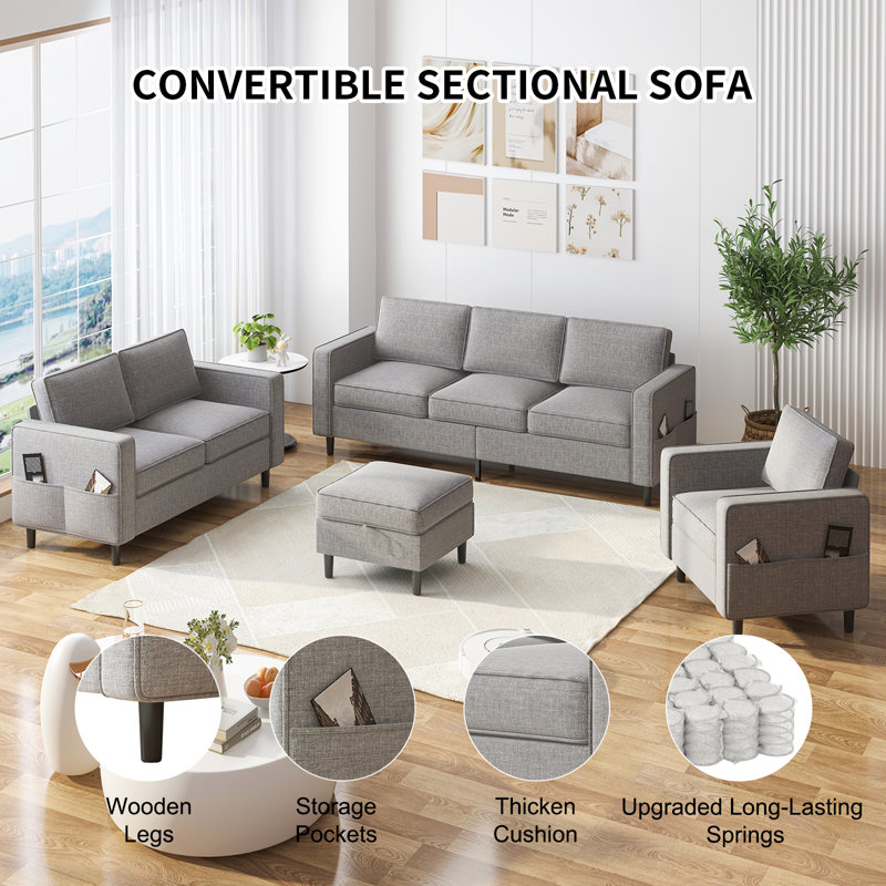 Modern Sofa, Loveseat And Single Seat Set - Durable 4-piece Living Room Furniture, Sturdy L-shaped Sectional Couch With Storage Ottoman, Space-saving Design For Apartments