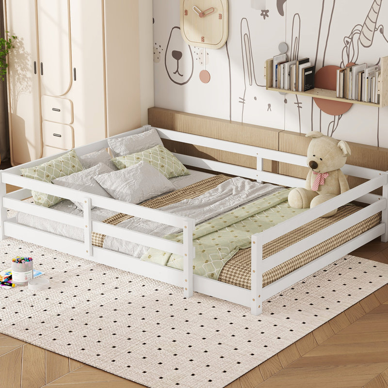 White Pine Full Size Floor Bed With Fence, Multi - Function, Easy To Assemble And Comfort Wood In White, Fence For , Quick Assembly