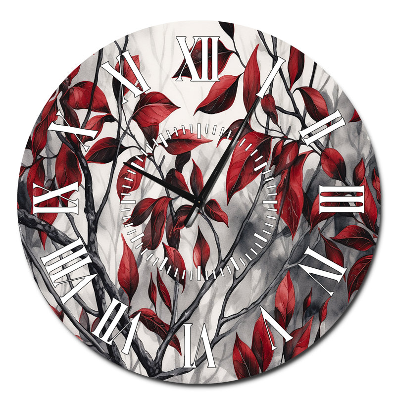 Horloge murale à feuilles rouges et grises sur un arbre VI, Surdimensionné