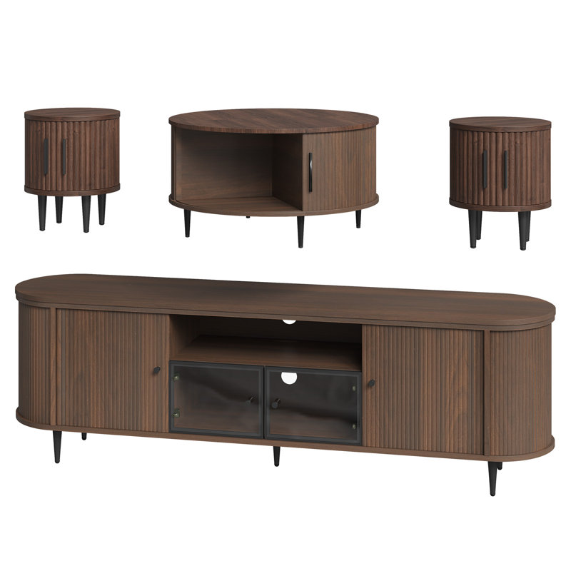 TV Stand And Coffee Table Set With Hidden Storage: Flip-Top Lid & Sliding Doors, Brown