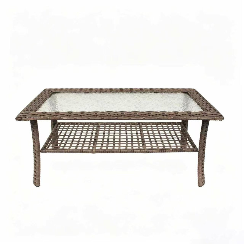 Table basse d'extérieur - Table basse en rotin de rotin avec plateau en verre trempé et table de rangement à 2 niveaux pour terrasse