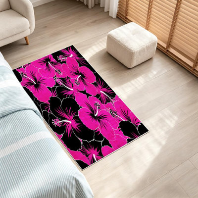 Clear Hibiscus Flowers Buds Retro Black Magenta Colors Art Artwork Machine Washable Indoor Area Rug