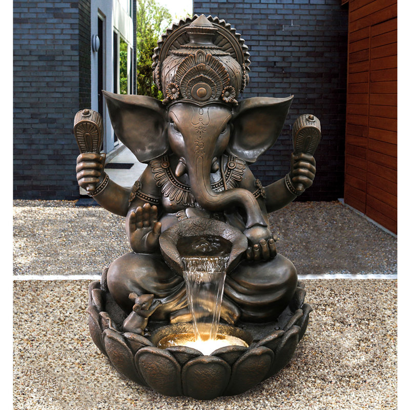 35In Resin Ganesha Sculptural Fountain with Warm White LED Light