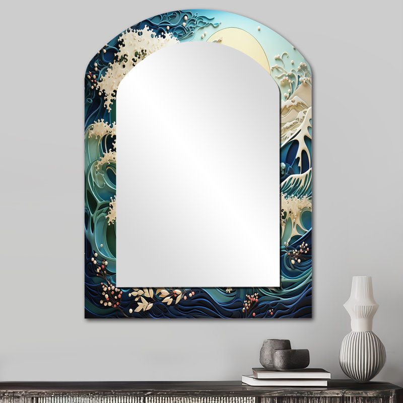 Teal White Ocean Rhapsody - Coastal Arch Decorative Mirror On Metal, 34" x 25"