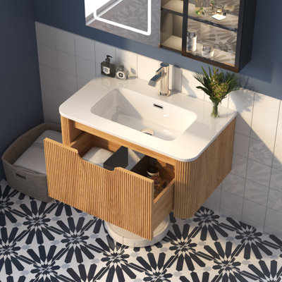Meuble-lavabo flottant simple 30 po avec lavabo, meuble-lavabo mural moderne avec tiroir à fermeture en douceur, noyer naturel