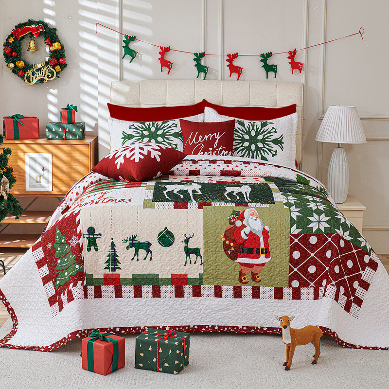 5 Piece Christmas Patchwork Quilt Set Bedspread Set Reversible Christmas Decoration Bedding Set