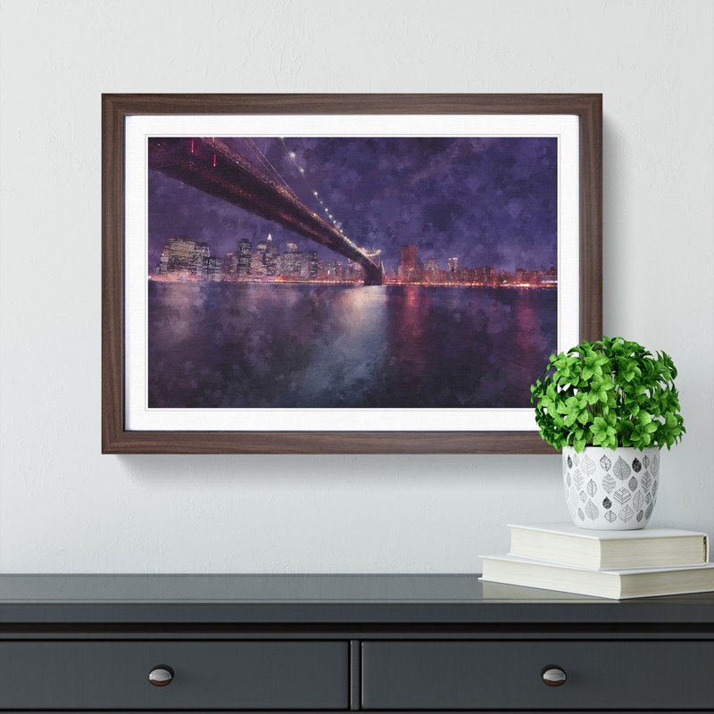 Brooklyn Bridge in New York City Painting 1 Piece Single Picture Frame Wall Art on MDF, 62cm H x 87cm W x 2cm D, Walnut