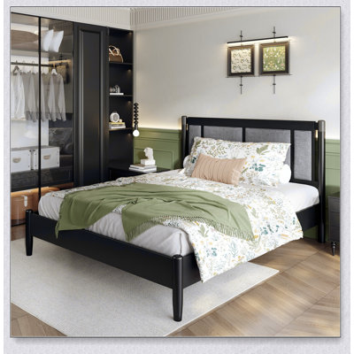 Solid Wood Queen Bed with Heavy Duty 500 lbs Support, Upholstered Headboard, and No Box Spring Needed
