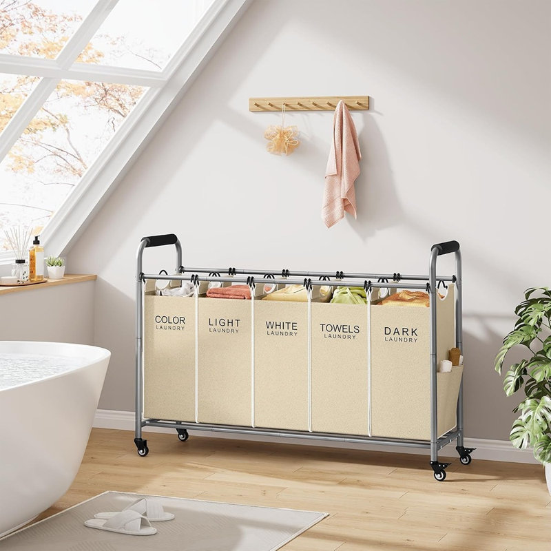 Five Section Rolling Laundry Sorter with Wheels, Large Clothes Hamper with Removable Bags, Laundry Organizer, Beige