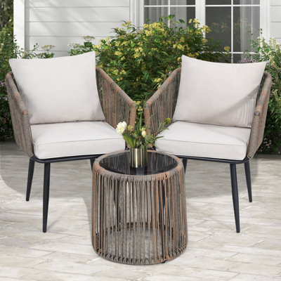 3 Pieces Patio Rattan Bistro Conversation Set, Outdoor All-Weather Wicker Furniture, Beige