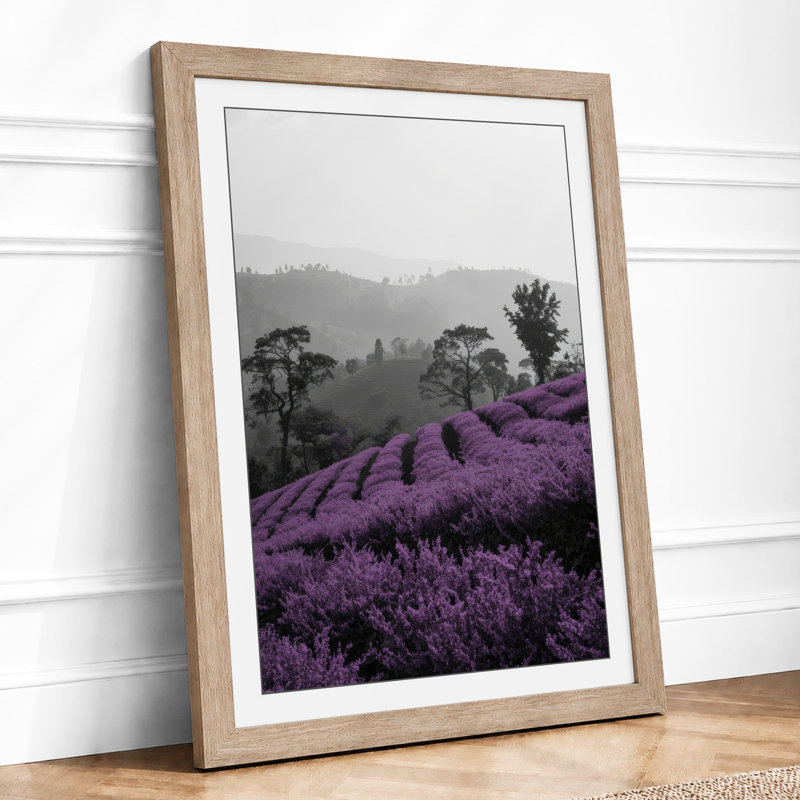 Purple Heather Hillside Botanical - Framed Print, A1 - 84.1 x 59.4 cm, Oak