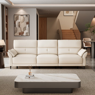Canapé modulaire inclinable électrique, canapé inclinable électrique en cuir trois places avec appui-tête réglable, canapé modulaire blanc cassé avec console pour la maison et le bureau