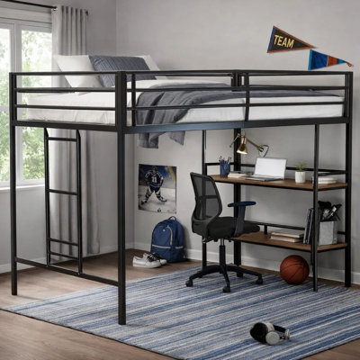 Ady Twin Size Loft Bed With Ladder And 2 Wood Shelves, Black Metal Frame
