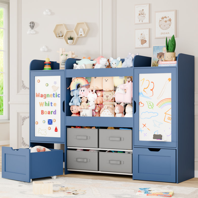 61"W Toys Storage Organizer, Kids Bookcases with Stuffed Animal Storage, 2 Movable Drawers, 4 Storage Bins and 2 Magnetic Drawing Board, Montessori Bookshelf for Kids Room, Playroom, Bedroom, Blue