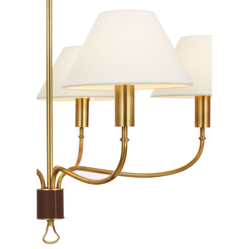 Griffin 31" Chandelier with Linen Shades, Antique Brass/Saddle Leather