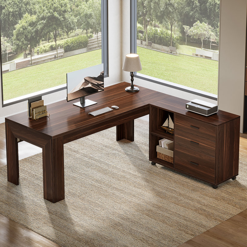 L Shaped Executive Office Desk with Storage and Mobile File Cabinet, 63 Inch Computer Desk, Light Brown, Dark Brown