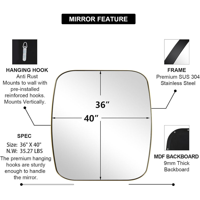 Miroir de salle de bain ovale moderne |  Cadre, Or brossé, 40 po x 36 po