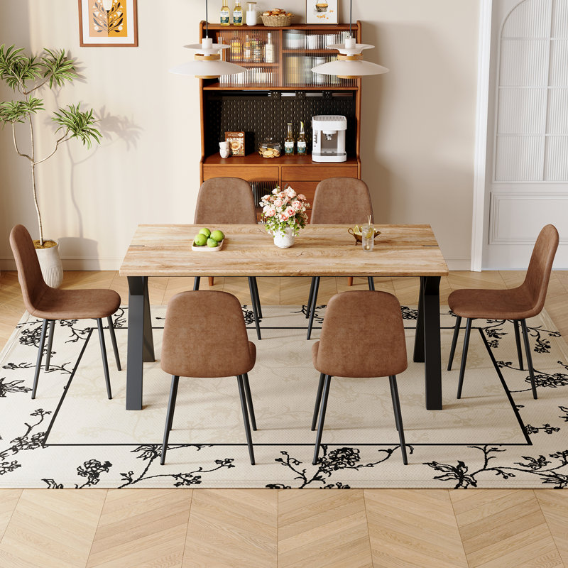 63" Wood Rectangle Dining Table Set, Farmhouse Kitchen Table Set For People, 7 Pieces: Table, 6 Chairs, Brown