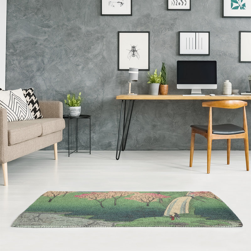 Tapis rose/vert chiyogaike étang avec fleurs, Rectangle 3 pi x 5 pi