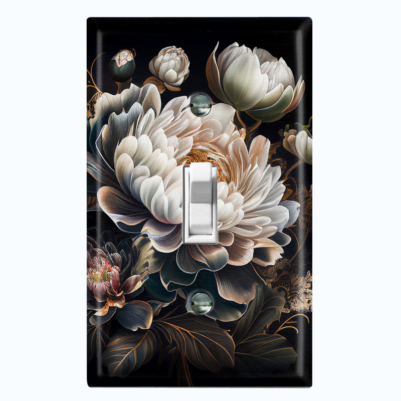 Metal Light Switch Plate Outlet Cover (White Flower Dark Green Leaves - Single Toggle)