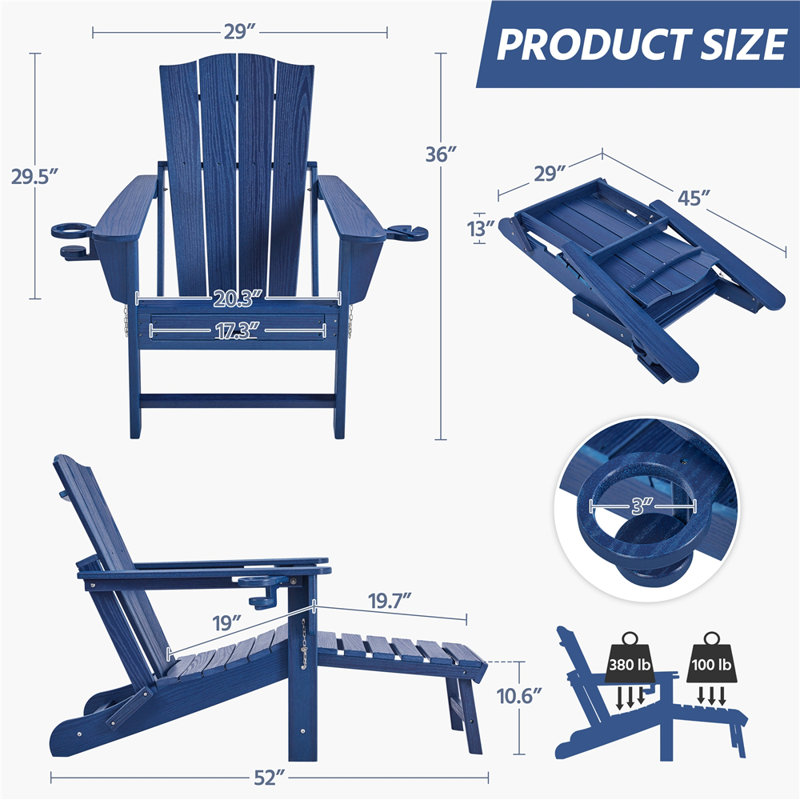 HDPE Adirondack Chair Patio Folding Fire Pit Chair with Cup Holder, Navy Blue