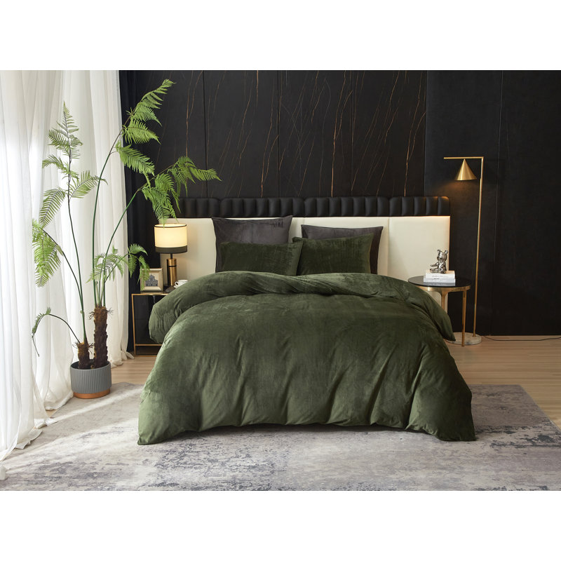 Ensemble d'édredon 100% velours vert Zera, Édredon de grand lit + 4 pièces additionnelles, Vert