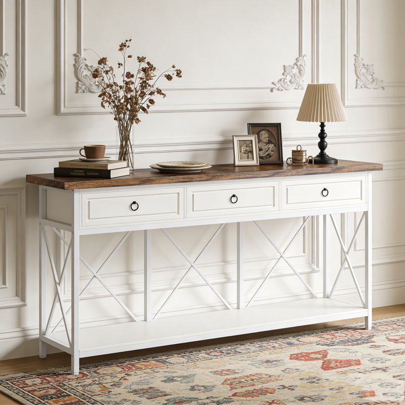 Table console à 3 tiroirs avec vestibule et tablette de rangement, Blanc et brun