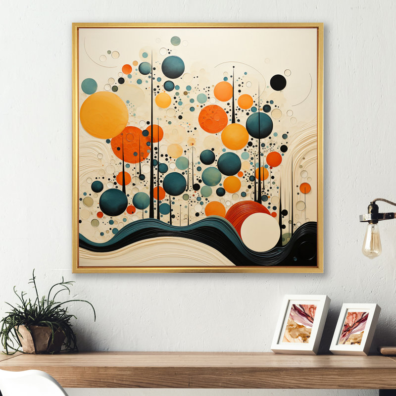 Orange orange Mid Century Organic Harmony II - art abstrait Mid-Century, H 16 po x l 16 po x P 1 po, Cadre flottant doré