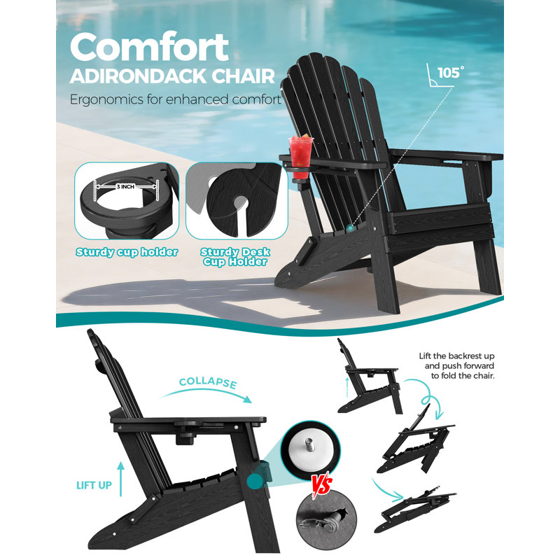 Ensemble de 3 chaises pliantes Adirondack en PEHD avec porte-gobelets intégrés, chaises longues de patio extérieures résistantes aux intempéries