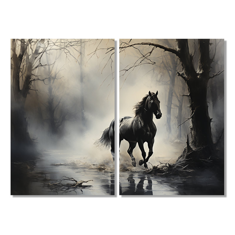 «Gray Horse Misty Morning Canter I», ensemble d'art mural moderne sur toile, Toile tendue, Ne s’applique pas