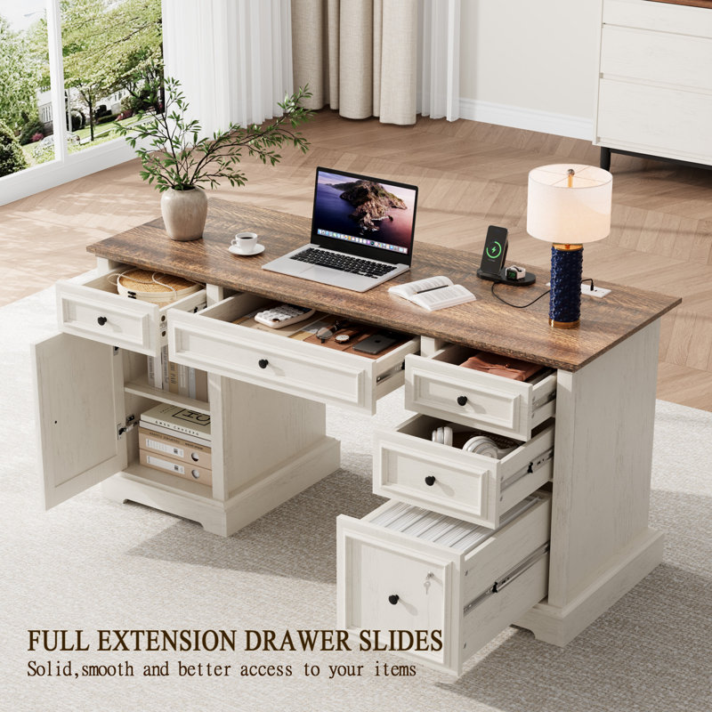 60-Inch Executive Office Desk With Farmhouse Style, Brown Top & White Cabinets, 5 Drawers, Adjustable File Storage, Keyboard Drawer, Cabinet Shelf, Ac Outlets & Usb Ports
