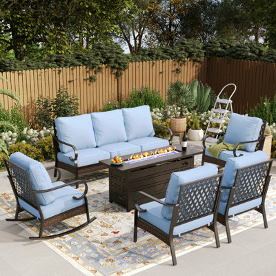 7 Person Outdoor Patio Seating Set With 2 Rocking Lounge Chairs & Fire Pit Table